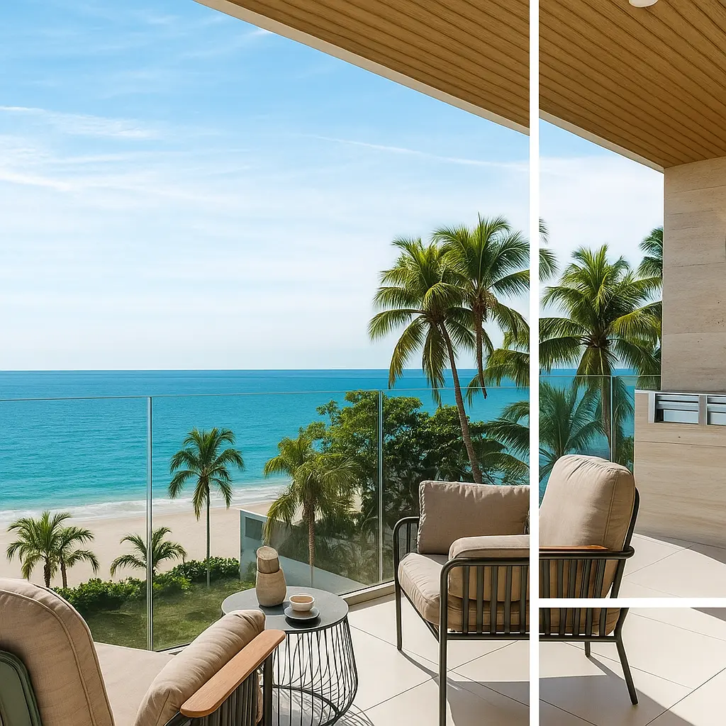 Vista al océano desde balcón de lujo con mobiliario moderno